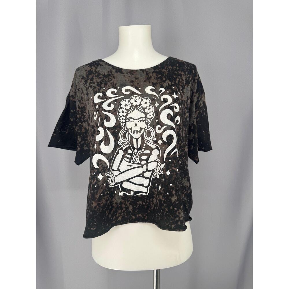 Halloween Skull Shirt Womens Black Relaxed Cropped Day Of The Dead Graphic Tee